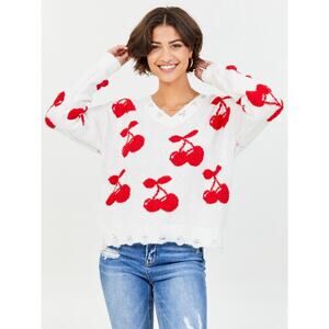 Altar’d State Cherry Print Fuzzy Sweater SZ XS V-Neck White & Red Charming EUC